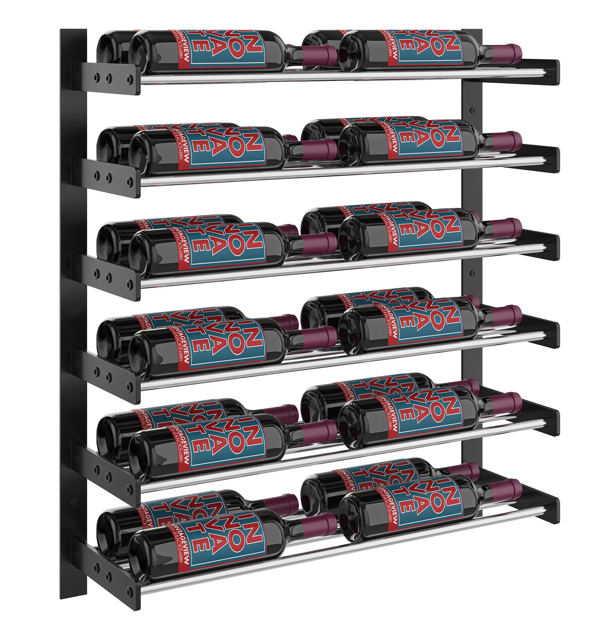 Evolution wine wall two-column rack with matte black frame and chrome bottle shelves