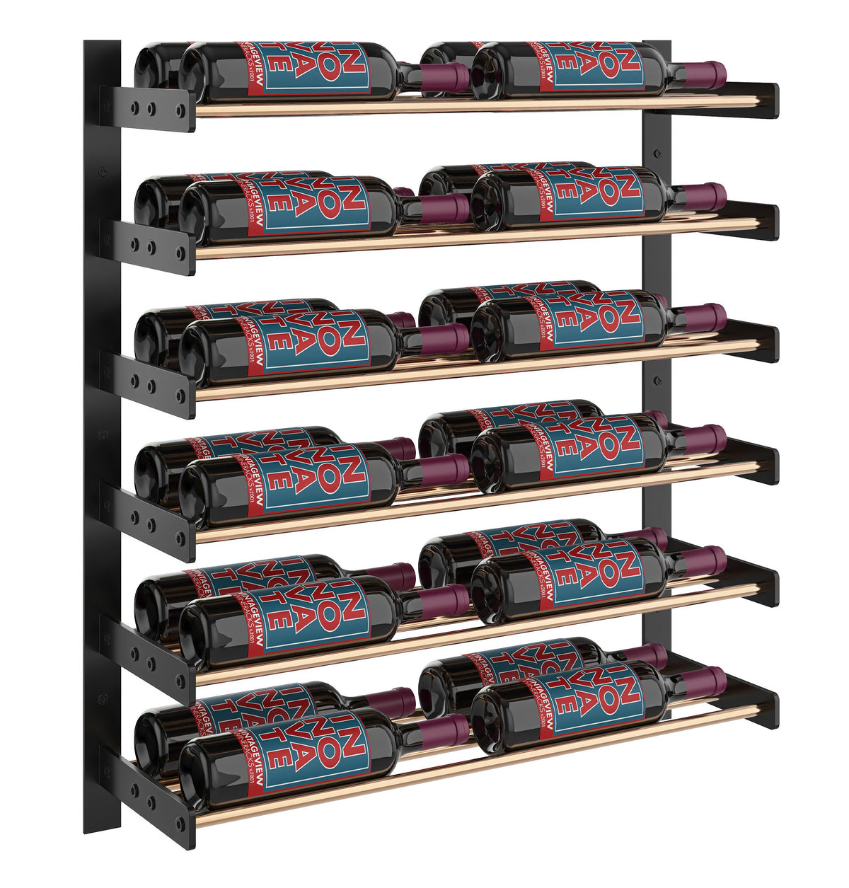 Evolution wine wall two-column rack with matte black frame and golden bronze bottle shelves
