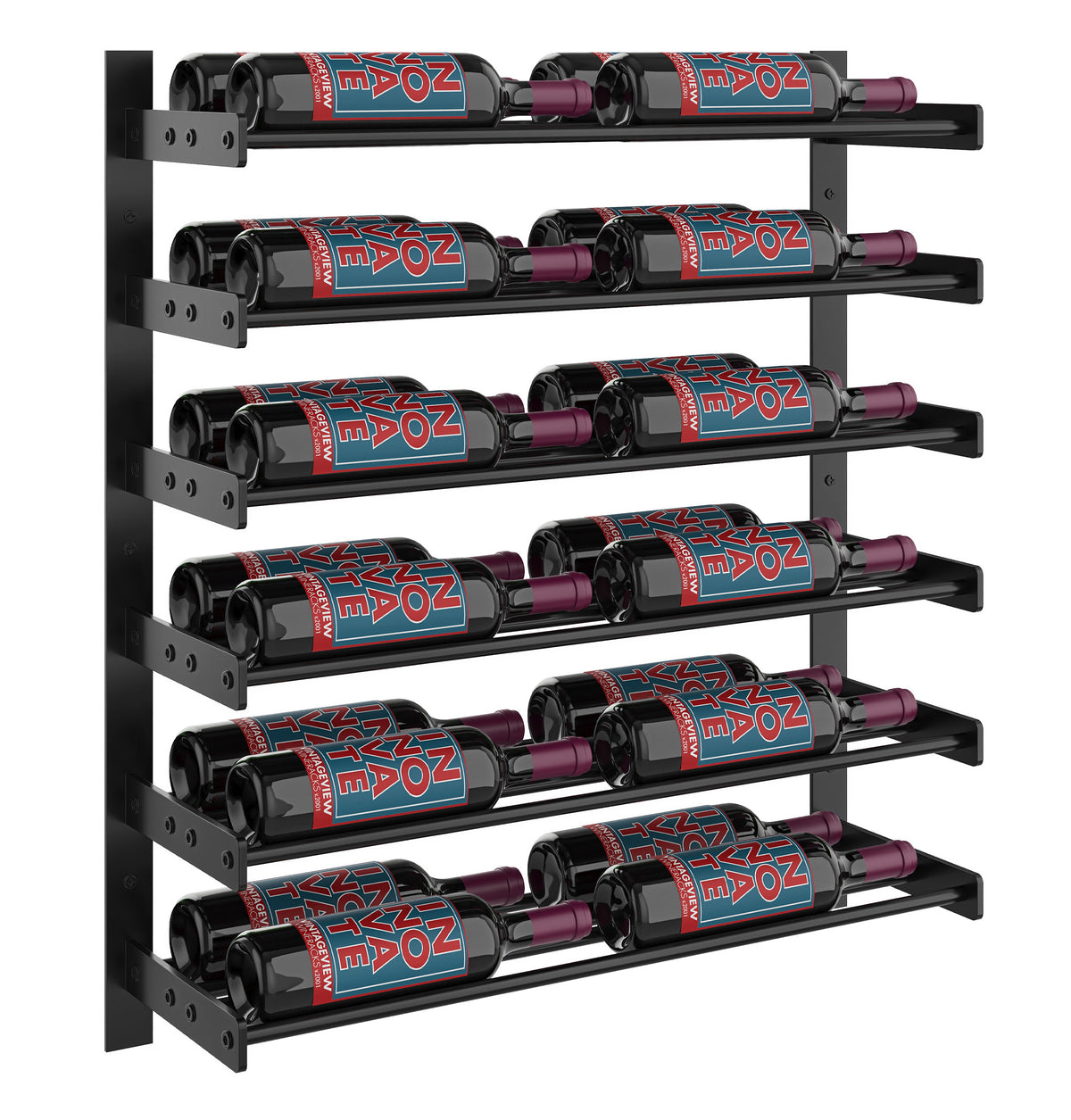 Evolution wine wall matte black two-column wine rack with several wine bottles