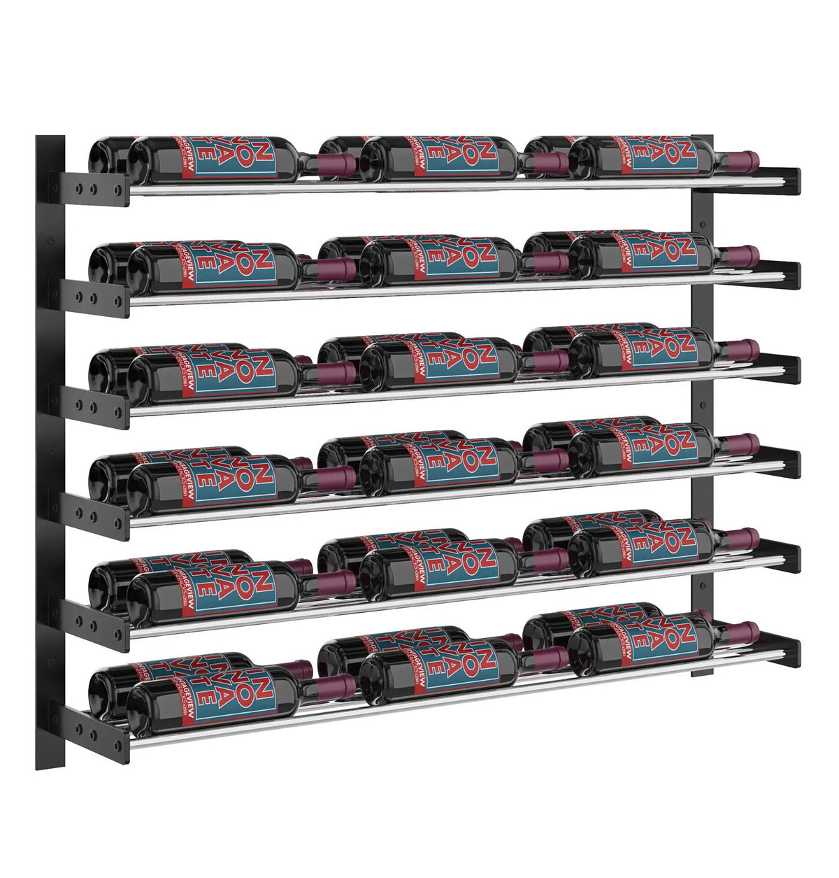 3-column wine wall rack with gold-toned shelf rails and black bottle holders
