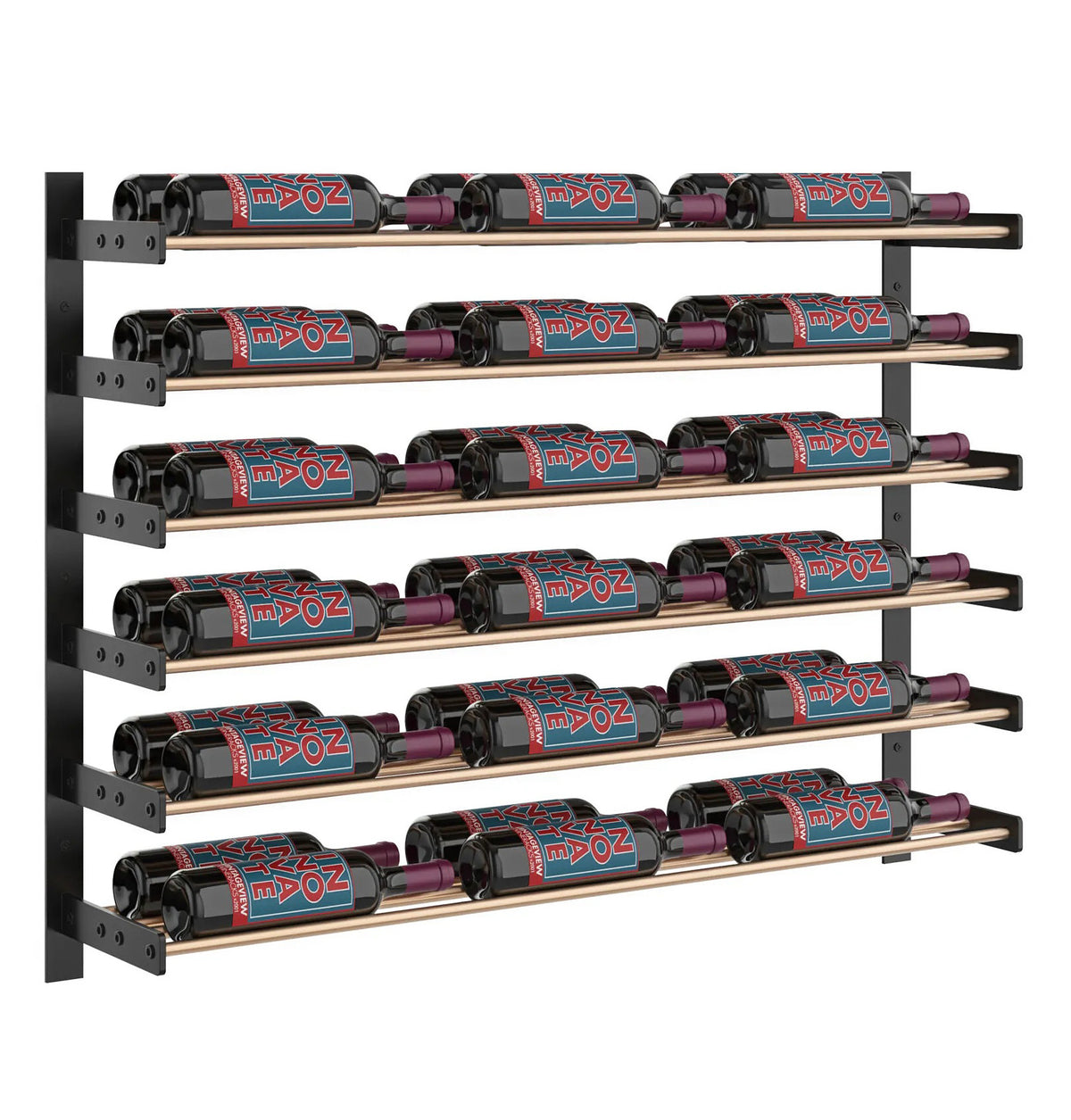 3-column wine wall rack with warm bronze shelf rails holding multiple wine bottles