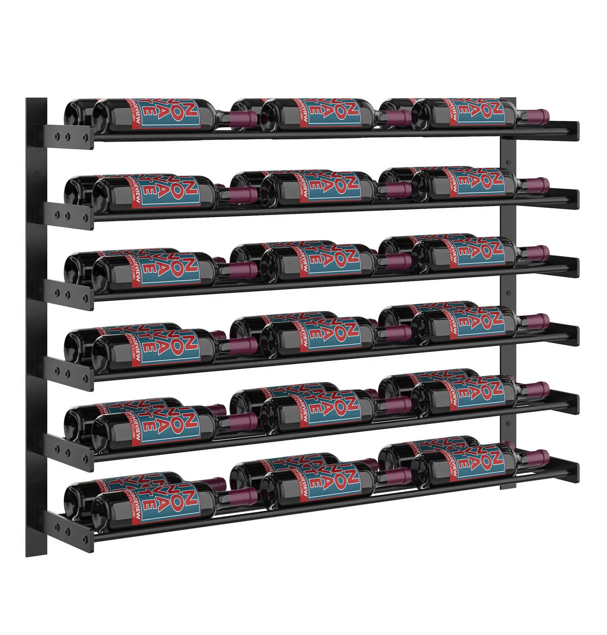 3-column wine wall rack with gold-toned rails holding wine bottles across rows