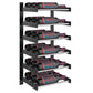 Black metal wine bottle wall rack with multiple horizontal bottle holders