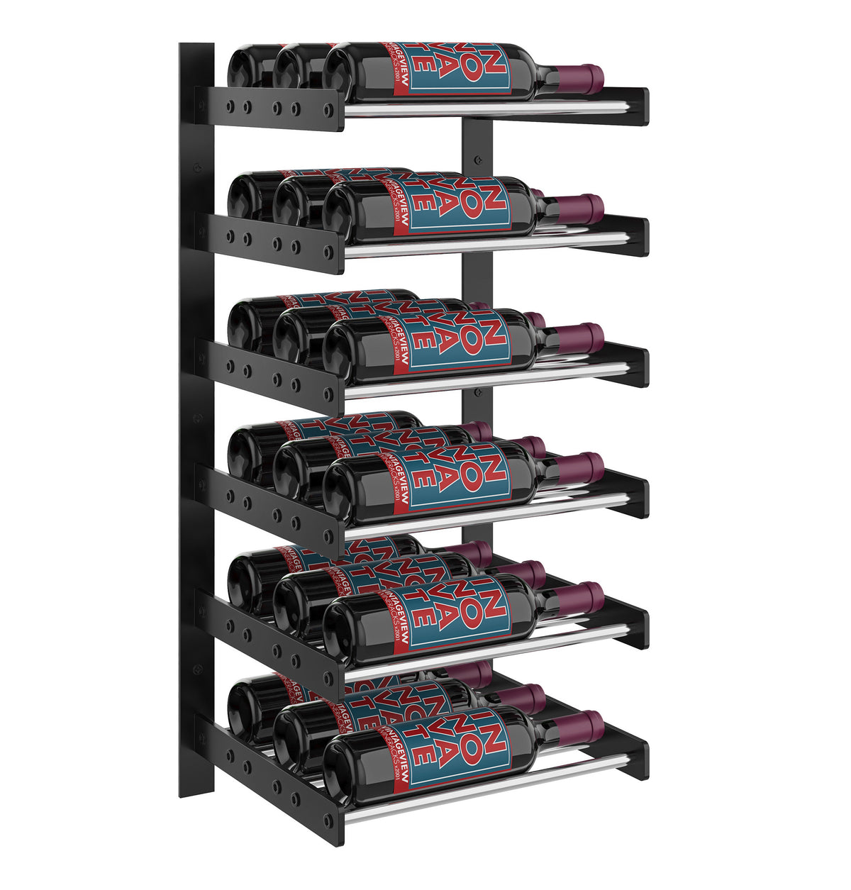 Black metal wine bottle wall rack with multiple horizontal bottle holders