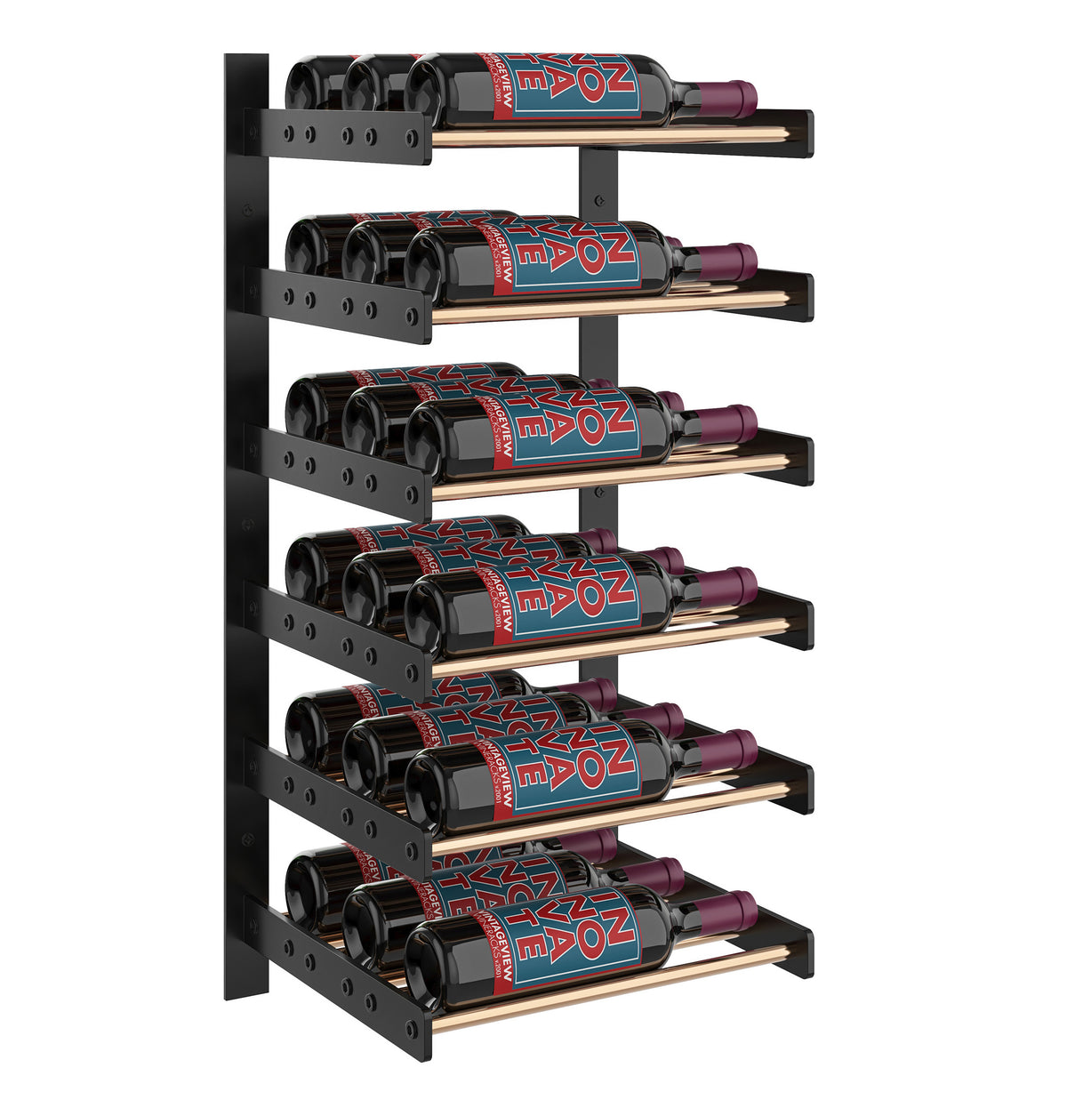 Black wine bottle wall rack with bronze-tone horizontal bottle holder rails