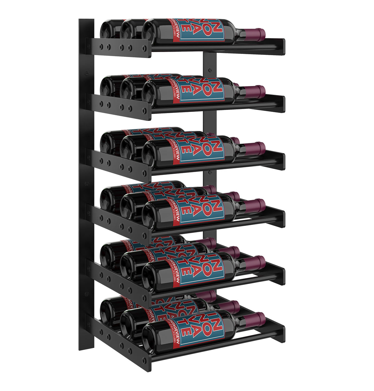 Matte black wine rack wall unit with six horizontal bottle slots