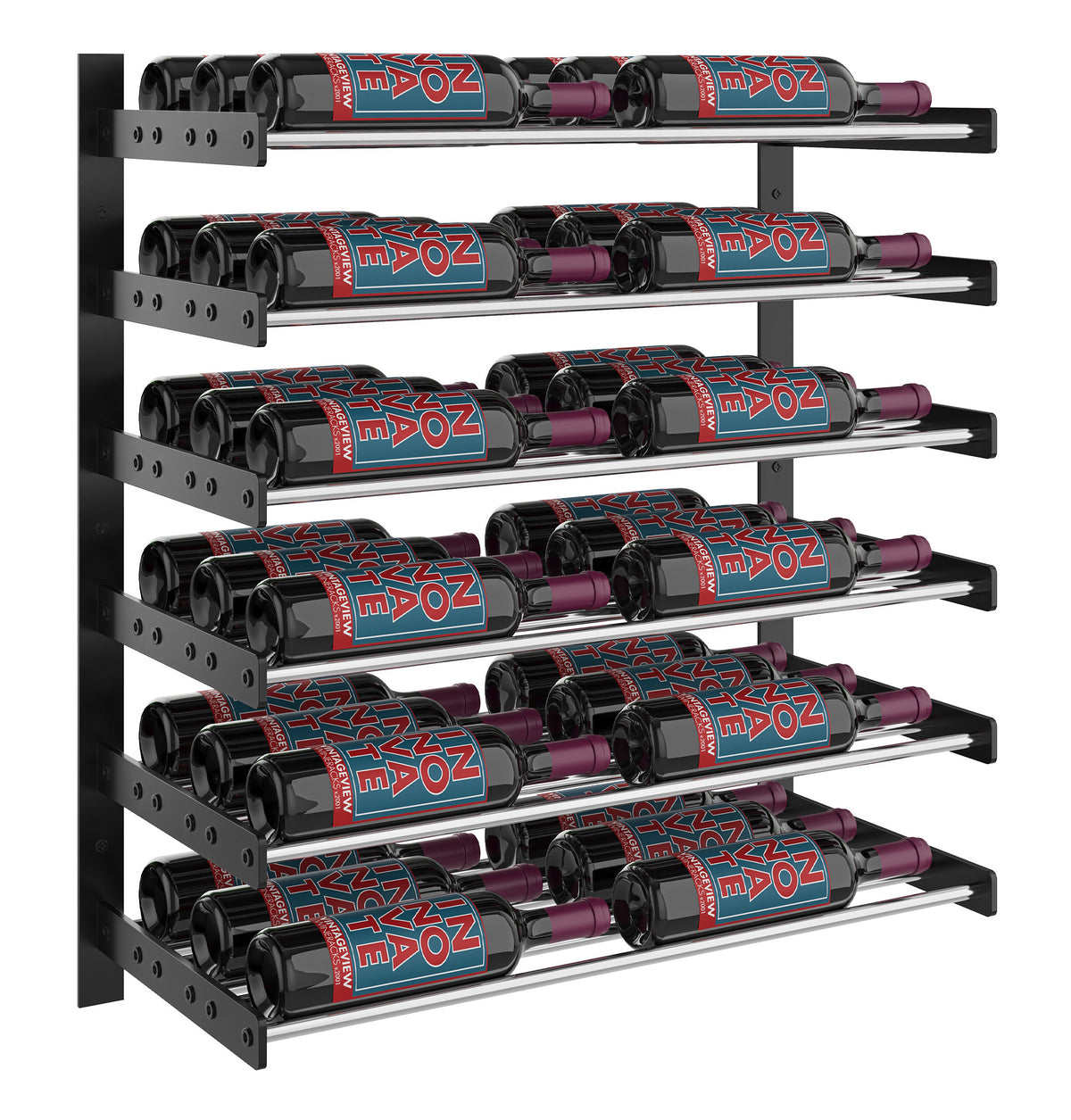 Evolution wine wall two-column rack in matte black holding multiple wine bottles