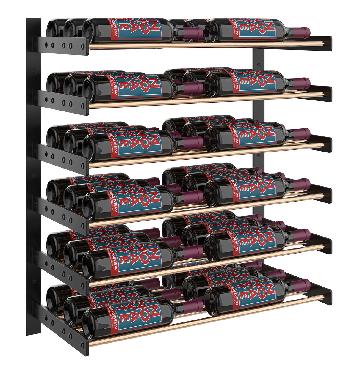 Evolution wine wall two-column rack in matte black with multiple wine bottles on bars