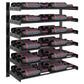 Evolution wine wall two-column rack in matte black with multiple wine bottles on bars