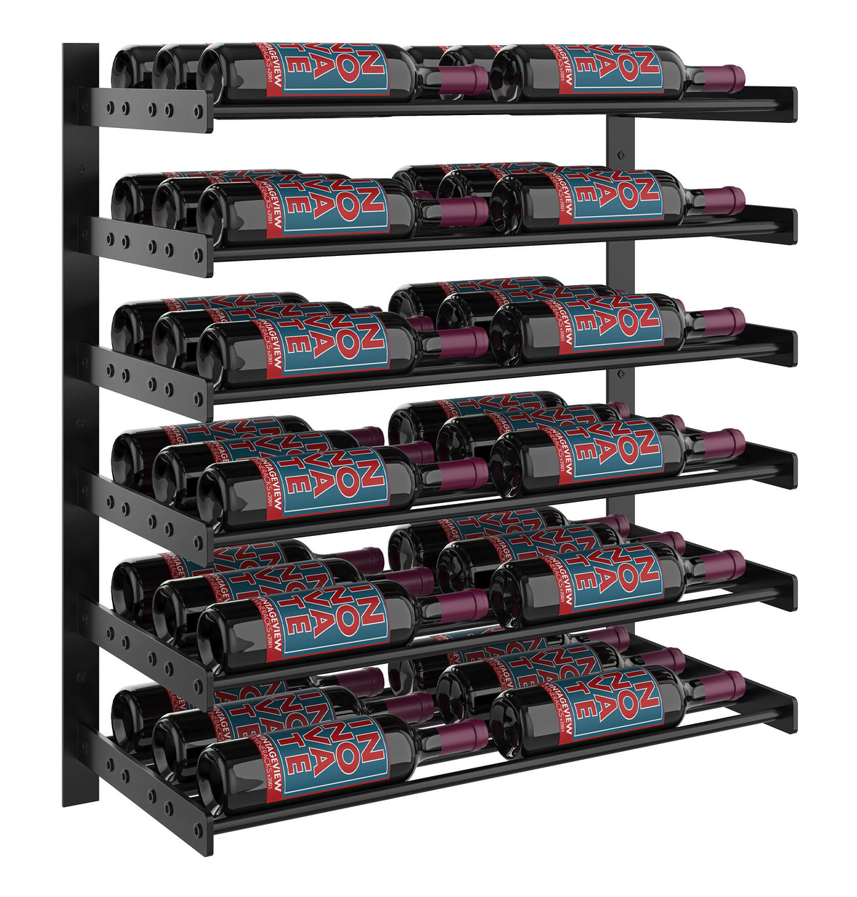 Evolution wine wall two-column rack in matte black with multiple wine bottles on bars