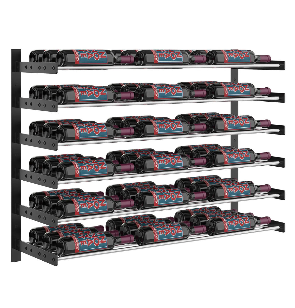 3-column wine wall rack with black shelves and bottle storage across multiple horizontal rows