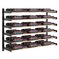 3-column wine wall rack with black and warm bronze shelf rails holding bottles