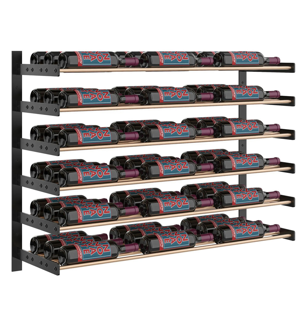 3-column wine wall rack with black and warm bronze shelf rails holding bottles