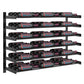 3-column wine wall rack with black metal shelves, holding bottles in horizontal rows