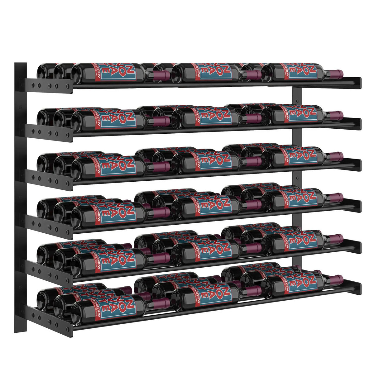 3-column wine wall rack with black metal shelves, holding bottles in horizontal rows