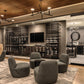 Wine bottle display wall with metal bottle racks in three-column layout