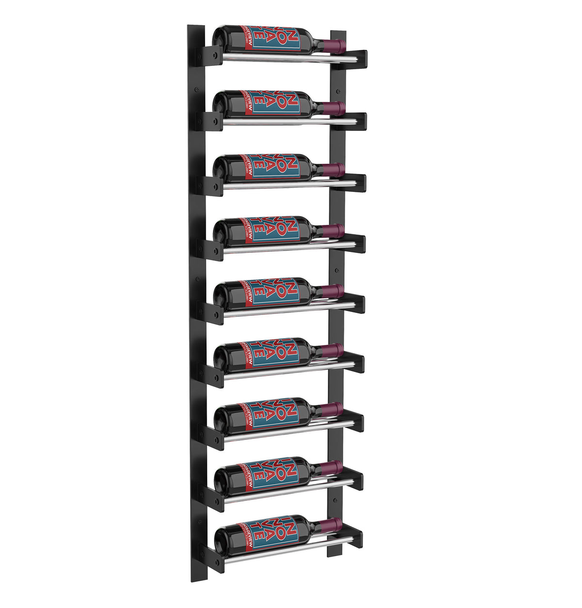 Black wine wall rack with silver rails, holding red wine bottles in slots