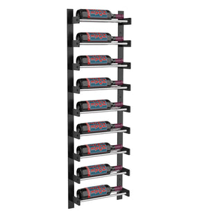 Black wine wall rack with silver rails, holding red wine bottles in slots