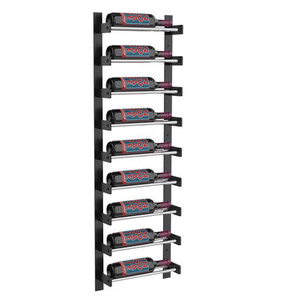 Black wine wall rack with silver rails, holding red wine bottles in slots
