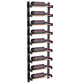 Black wine wall rack with wood-toned rails, holding red wine bottles in slots