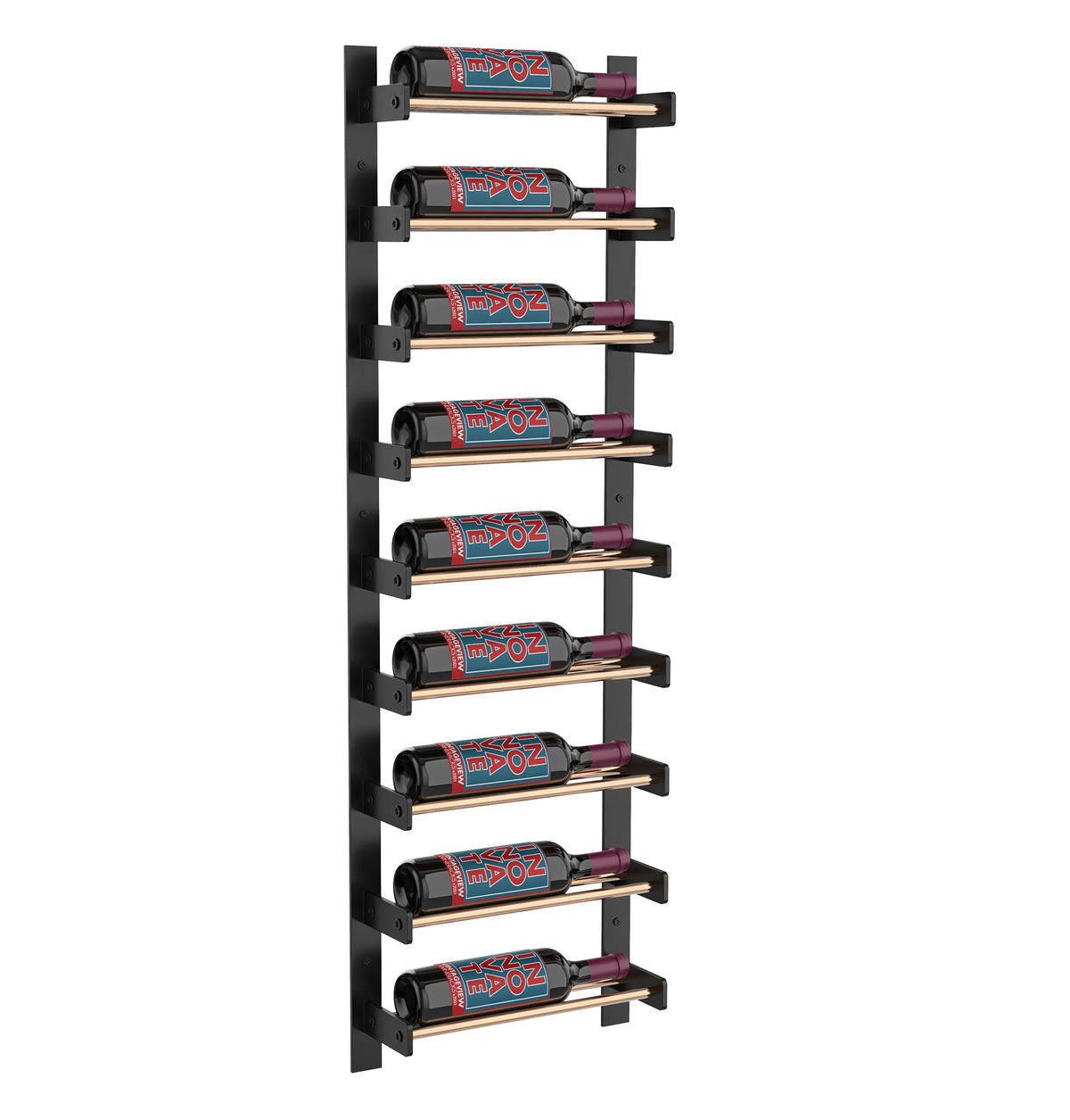 Black wine wall rack with wood-toned rails, holding red wine bottles in slots