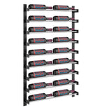 Black 2-column wine bottle rack with bottles on metal supports and numbered shelf panels
