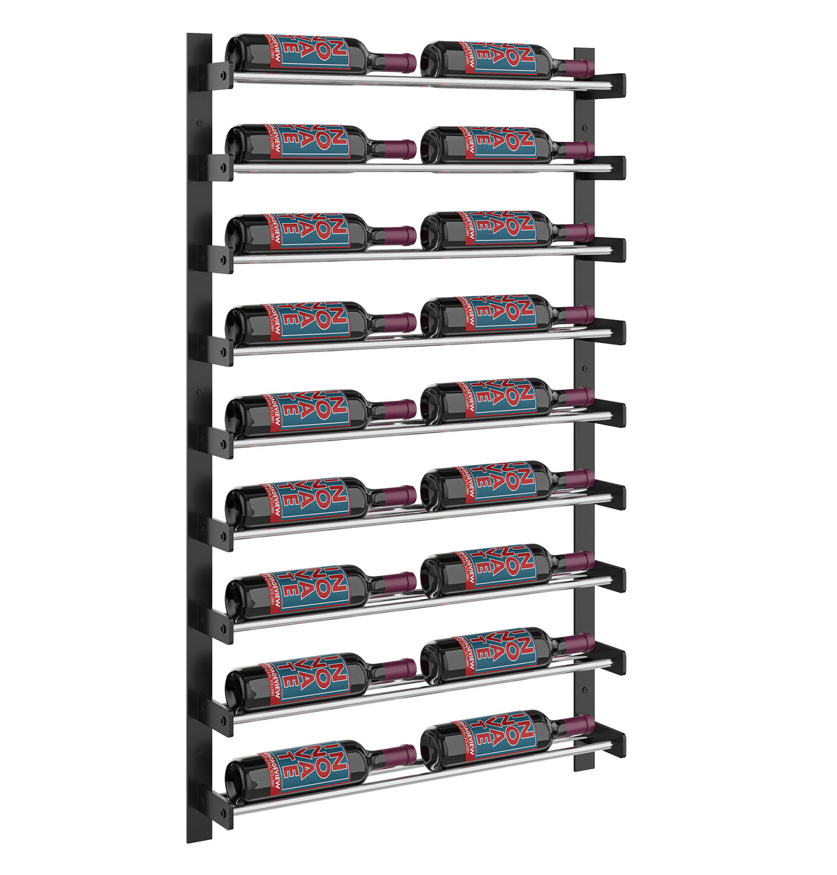 Black 2-column wine bottle rack with bottles on metal supports and numbered shelf panels