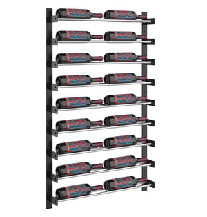Black 2-column wine bottle rack with bottles on metal supports and numbered shelf panels