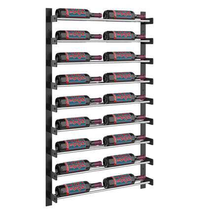 Black 2-column wine bottle rack with bottles on metal supports and numbered shelf panels