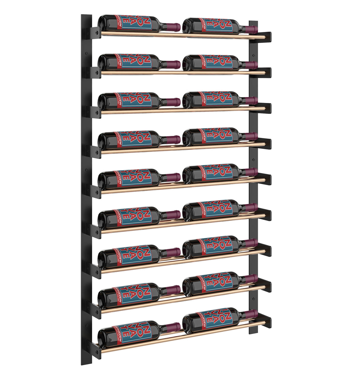 Black wine bottle wall rack with two columns and bottles resting on horizontal wooden bars