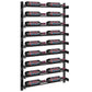 Two-column wine bottle rack with dark metal frame and multiple bottle slots