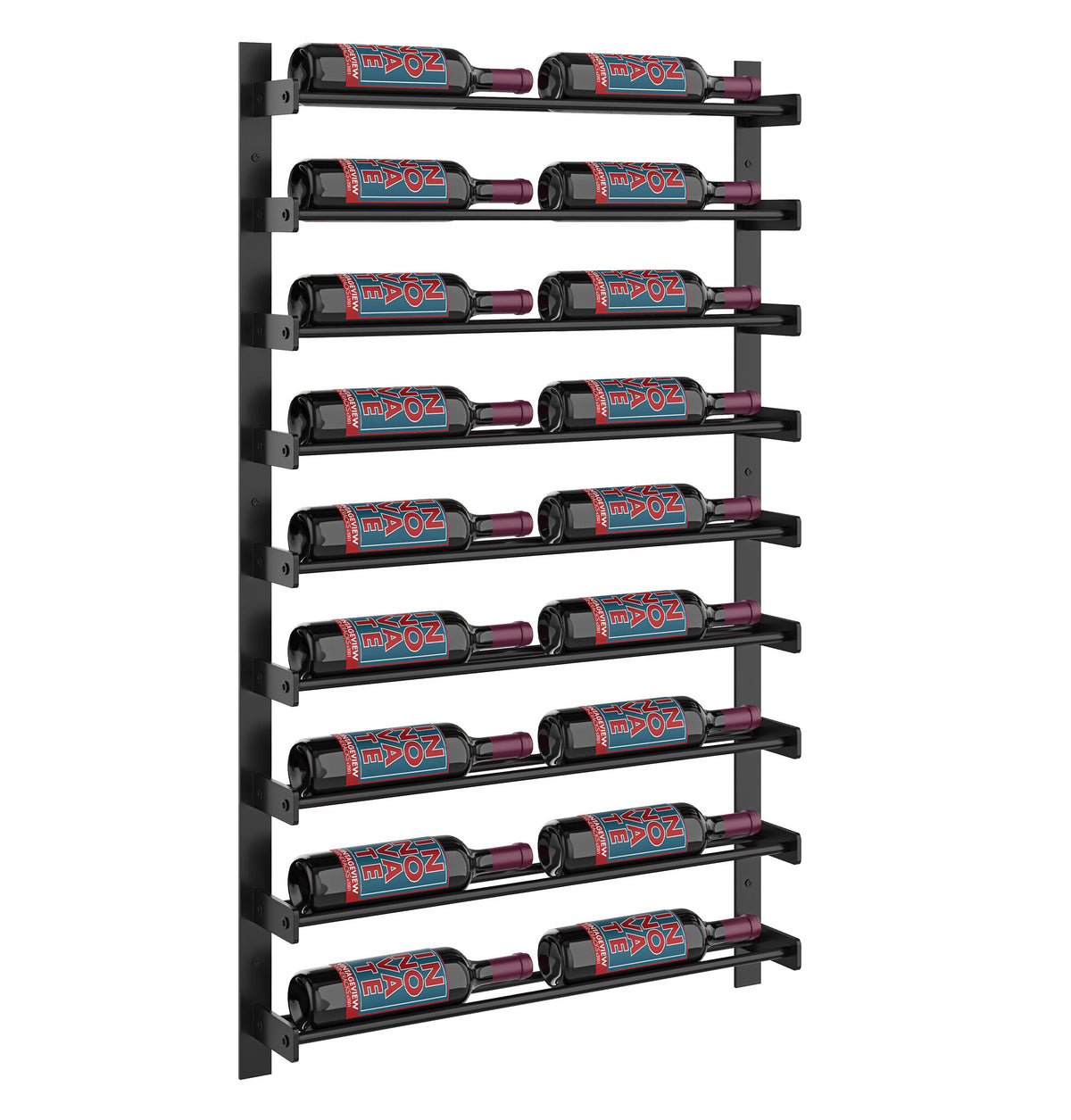 Two-column wine bottle rack with dark metal frame and multiple bottle slots