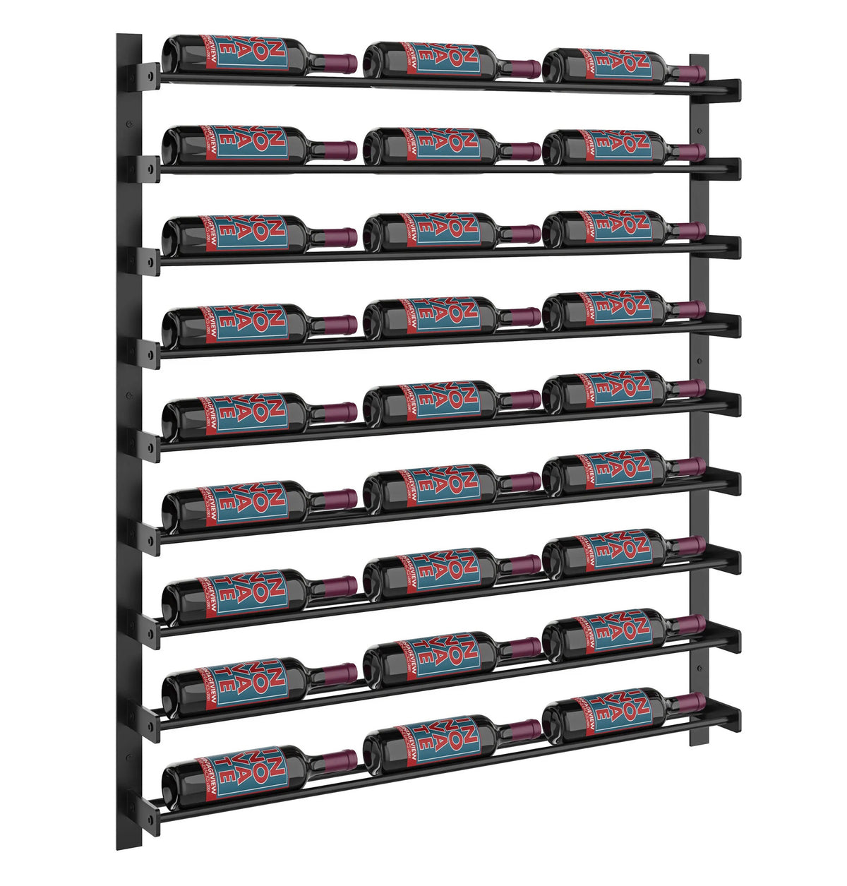 45-inch wine bottle wall rack with rows of wine bottles on black metal supports