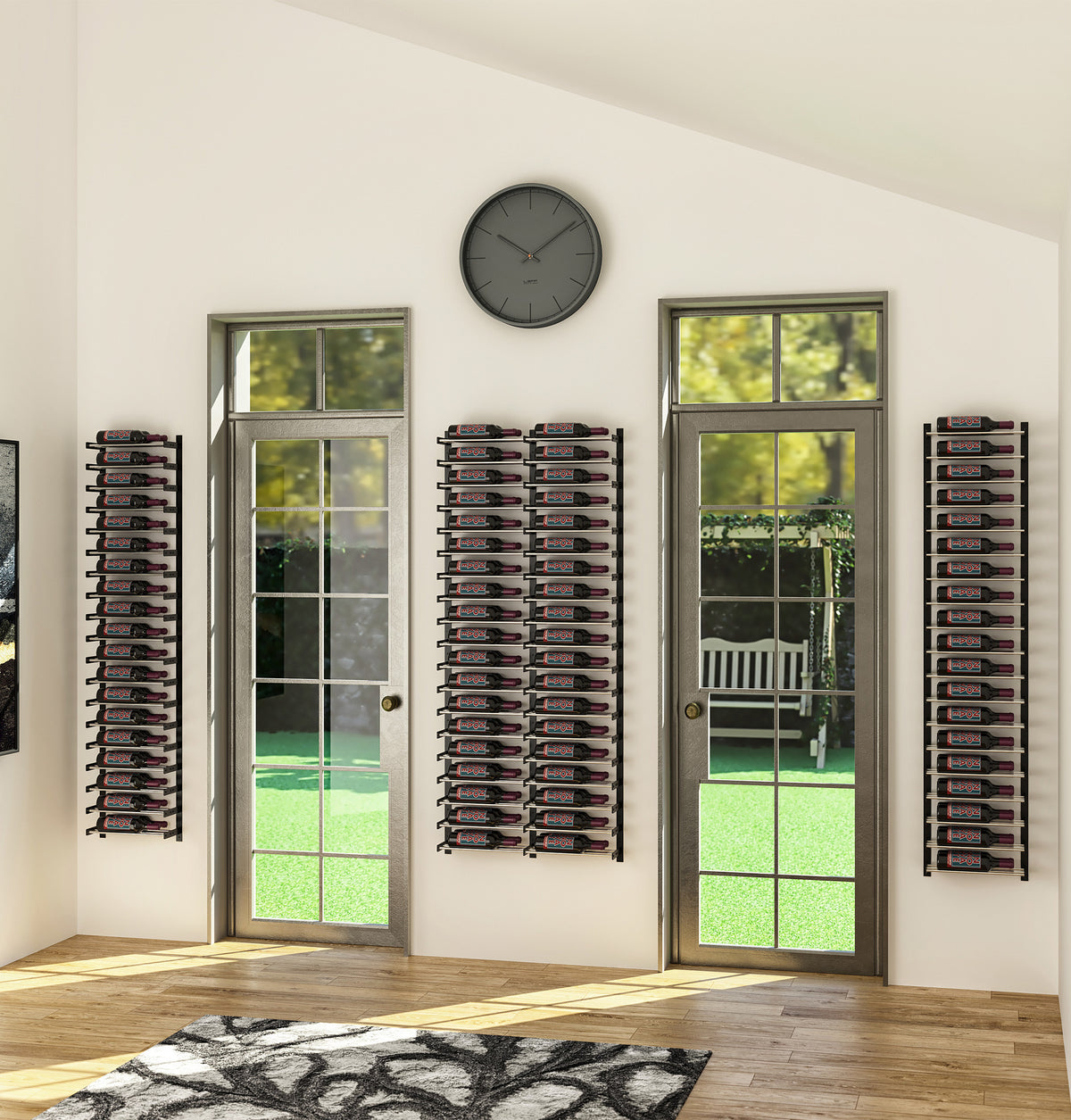 Wall-mounted wine bottle rack with multiple 1-column sections holding dark bottles