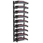 Matte black wine wall rack with several bottle rows, red bottles in cradles