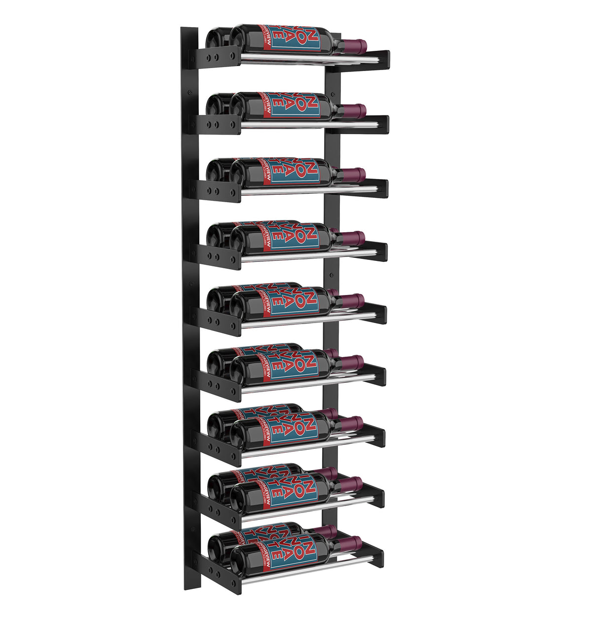 Matte black wine wall rack with several bottle rows, red bottles in cradles