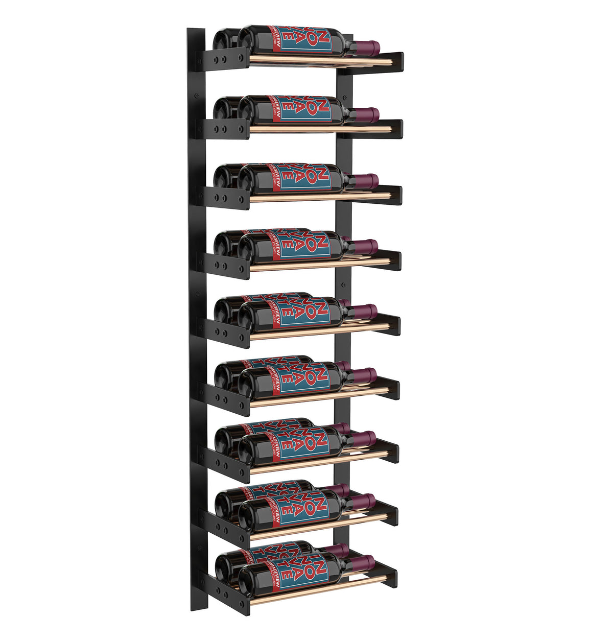 Matte black wine wall bottle rack with horizontal rails and red wine bottles