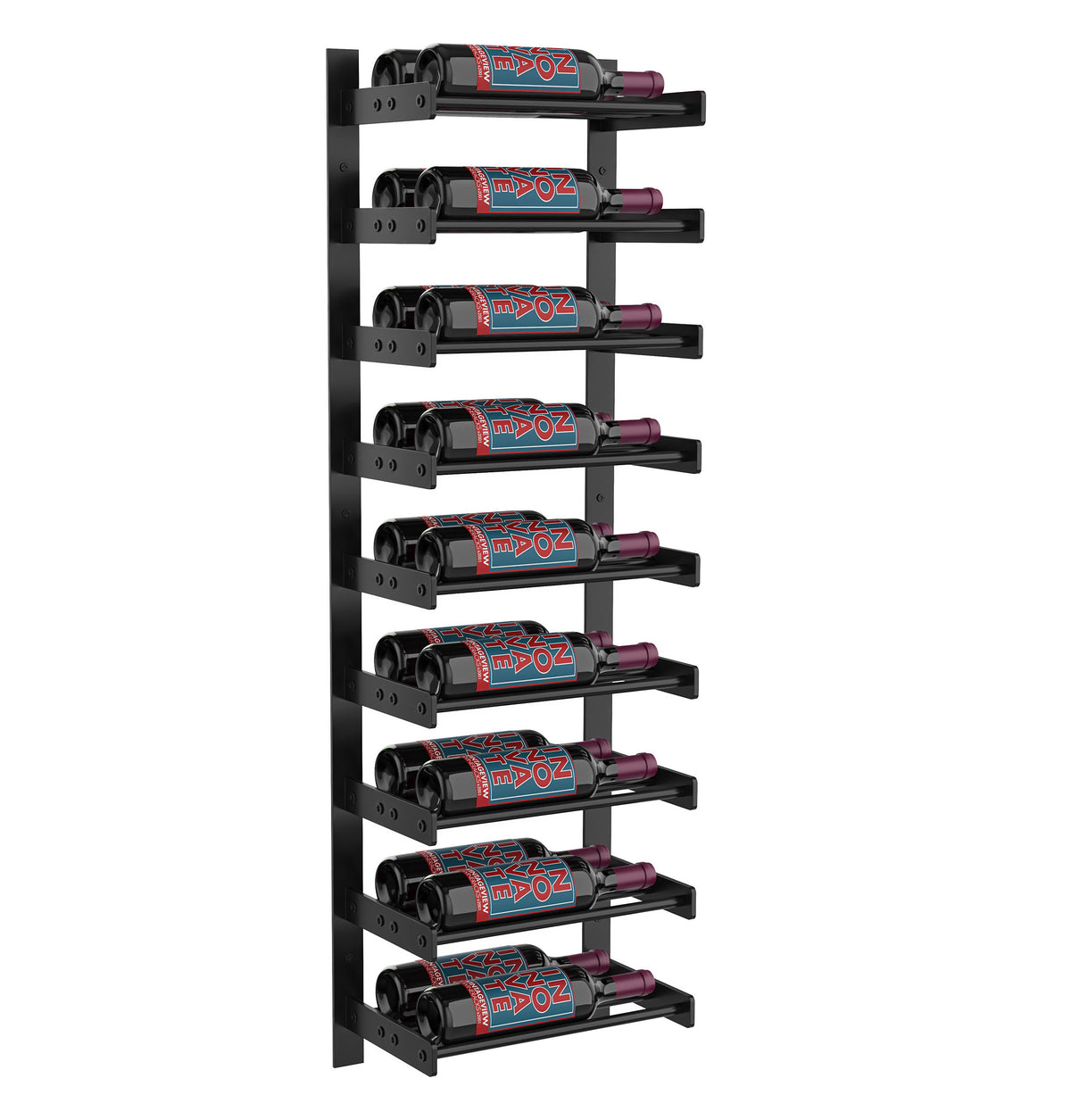 Matte black wine wall bottle rack with horizontal cradles, holding red bottles