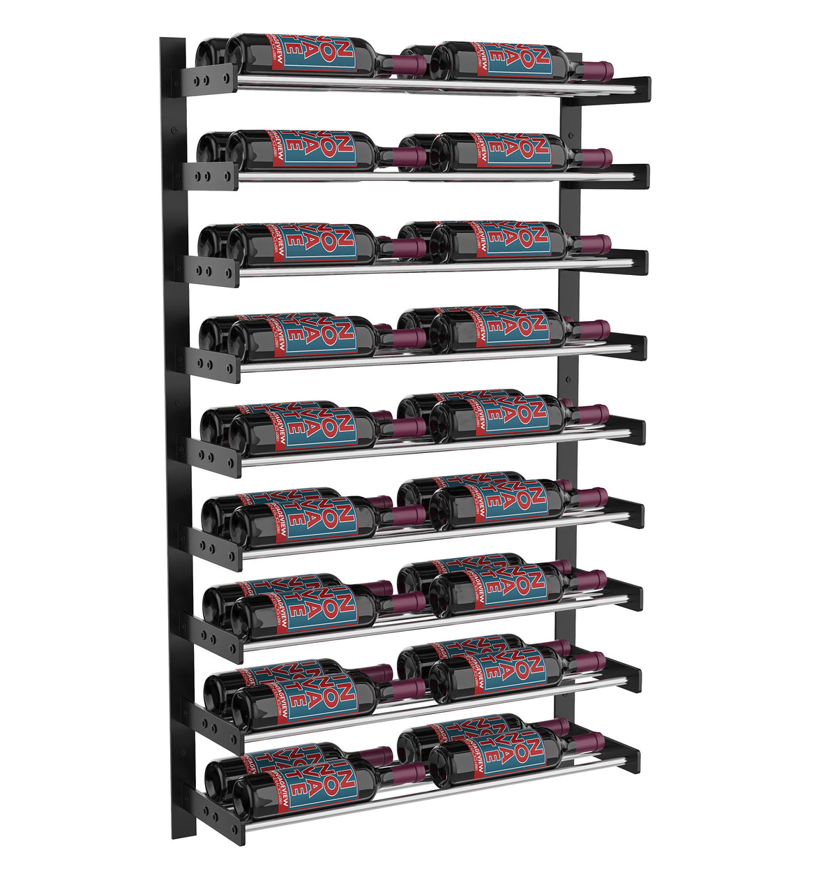 Matte black 2-column wine bottle rack with bottles loaded on multiple horizontal bars