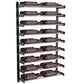 2-column wine bottle wall rack with bottles on black metal shelves in neat horizontal rows