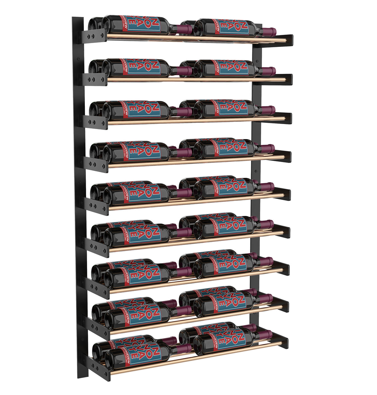 2-column wine bottle wall rack with bottles on black metal shelves in neat horizontal rows