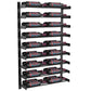 Black wine bottle display rack with two columns, holding bottles on evenly spaced rails