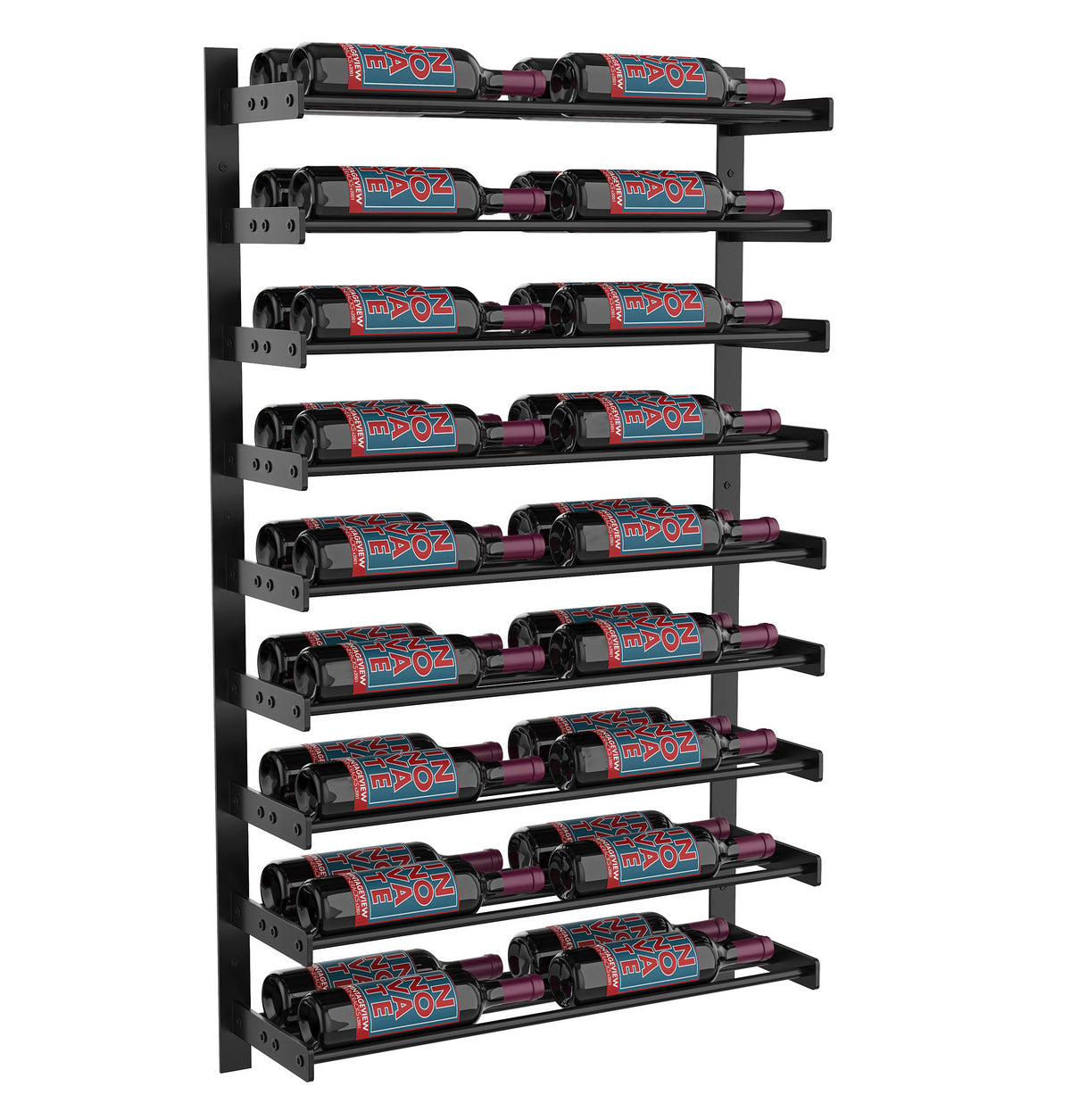 Black wine bottle display rack with two columns, holding bottles on evenly spaced rails