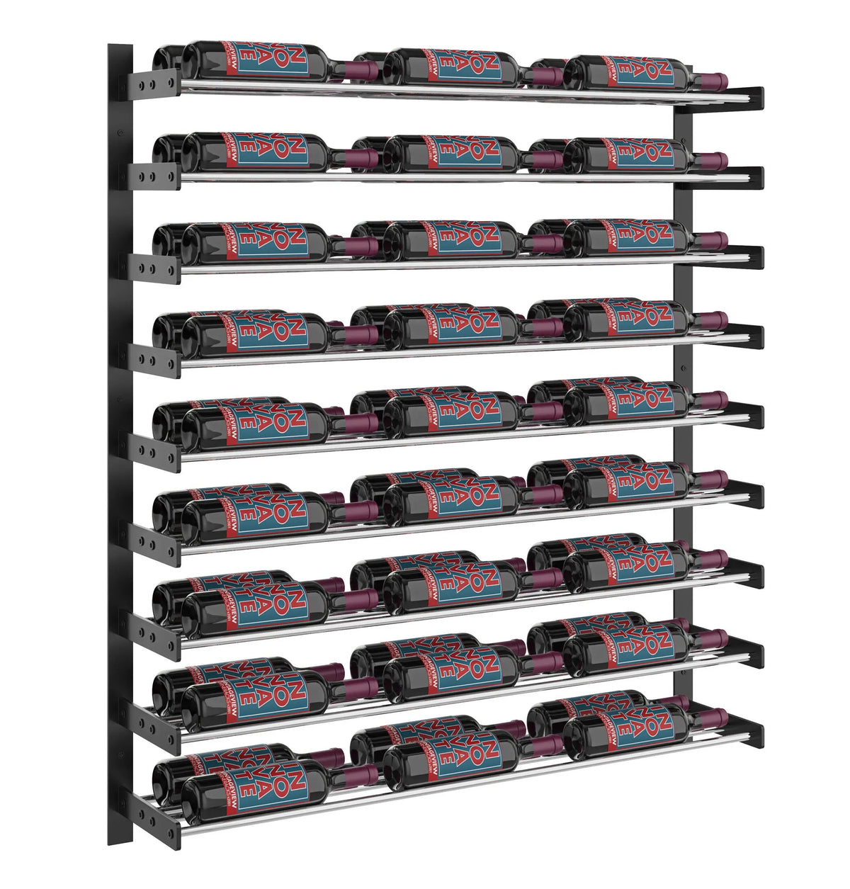 45-inch wine bottle wall rack with multiple rows of bottles and metal mounting frame