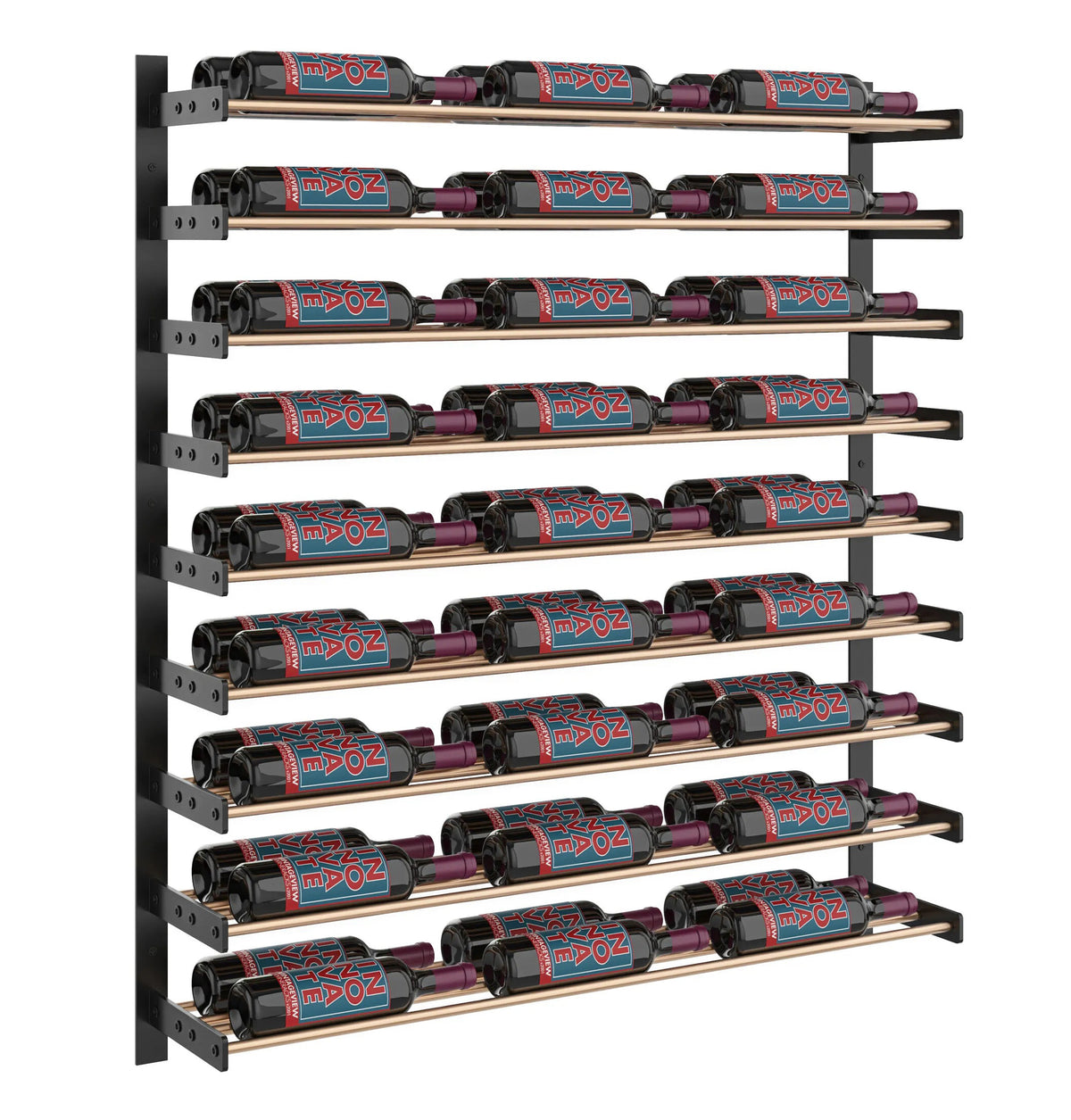45-inch wine bottle wall rack with bottle rows on rails, showing side mounting posts