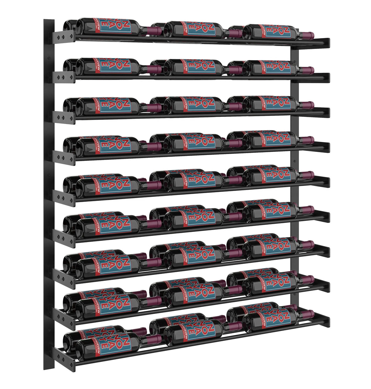 45-inch wine bottle wall rack holding bottles across stacked horizontal shelves