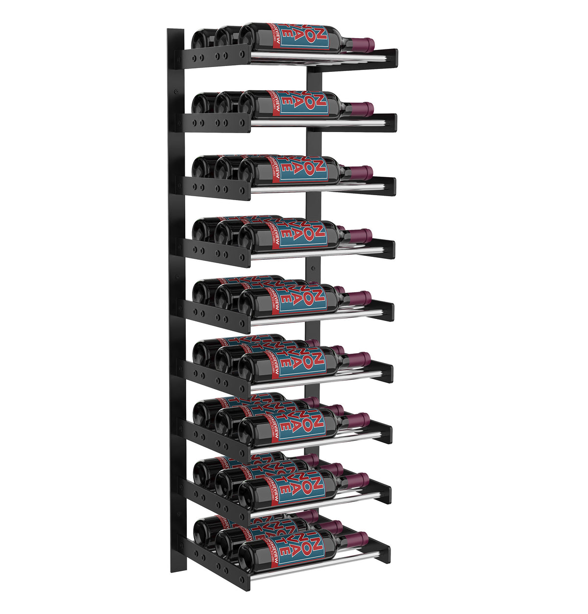 Matte black wine wall rack with bottle slots, holding red bottles upright