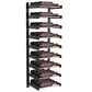 Matte black wine rack with wood-toned support rails and red bottles in slots