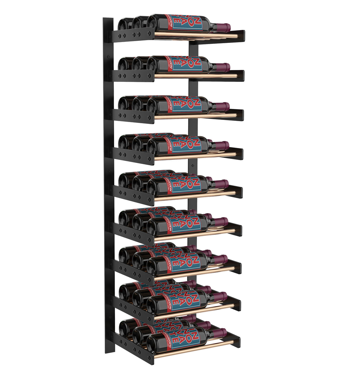 Matte black wine rack with wood-toned support rails and red bottles in slots