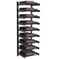 Matte black wine wall bottle rack with multiple rows of slots, red wine bottles